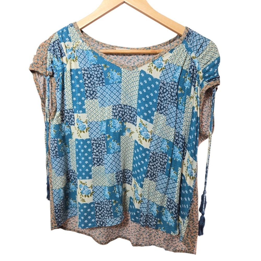 KORI Patchwork Floral V Neck Tunic Top Blouse Blue Beige Tassels M Casual Boho